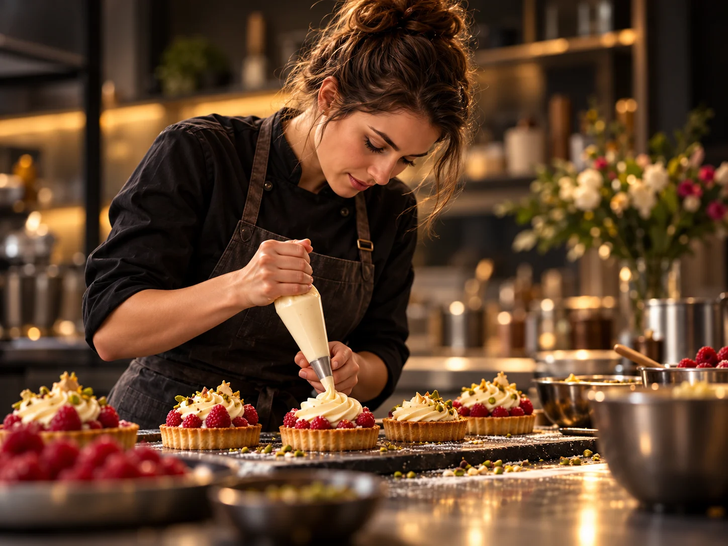 Portrait d’illustration : une cheffe décore des pâtisseries à la poche à douille dans son atelier