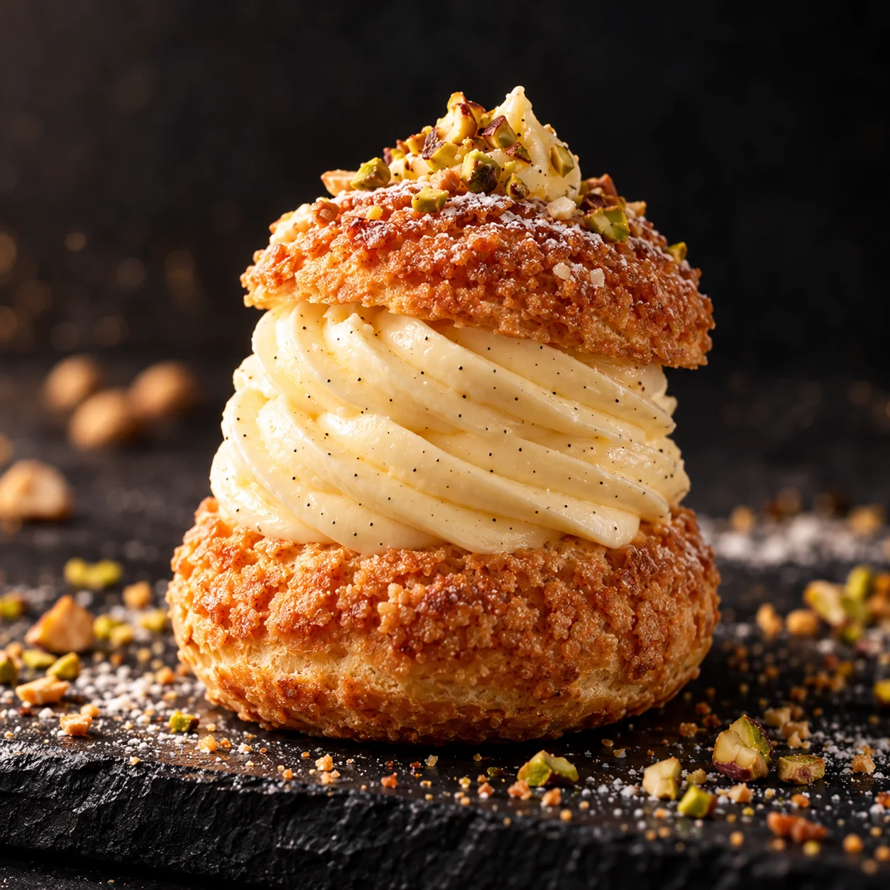 Chou craquelin doré généreusement garni de crème à la vanille
