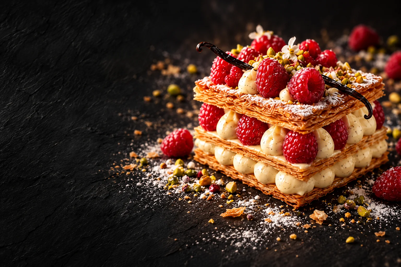Mille-feuille doré, crème vanillée et framboises fraîches sur une ardoise